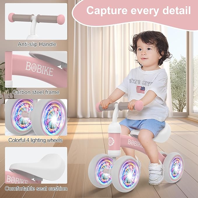 Baby Balance Bike Toys for 12-36 Months Kids Toy Boy and Girls Gifts Toddler Best First Birthday Gift Children Walker No Pedal Infant 4 Wheels Bicycle (Colorful, Pink-Light)-CubbioJoy
