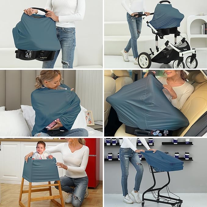 Breathable Car Seat Cover for Babies – Multi-Purpose Soft Rayon Nursing Cover for Breastfeeding, High Stretchy Infant Carseat Canopy, Stroller Cover (Smooth Rayon, Blue)-CubbioJoy