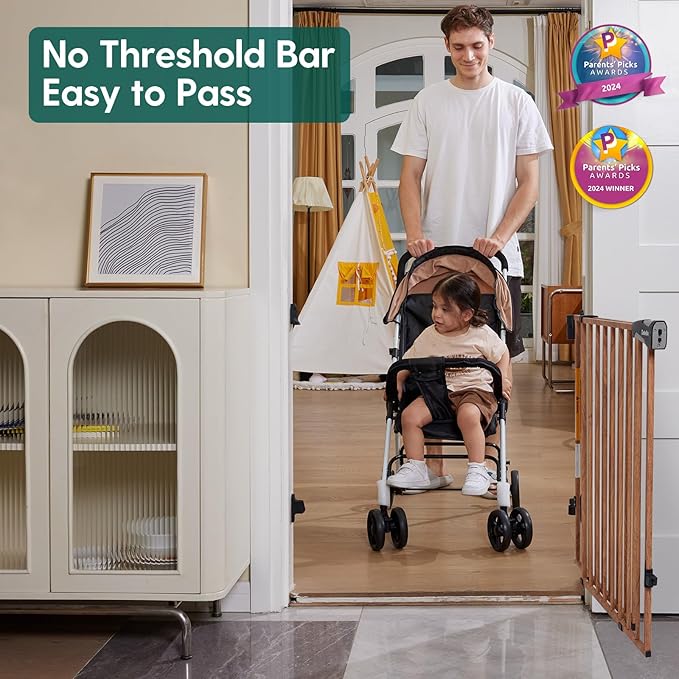 Babelio 34" Extra Tall Baby/Dog Gate with No Threshold Design Walk Thru Door, 26-43" Auto Close Safety Gate for Babies, Elders and Pets, Fits Doorways, Stairs, and Entryways, Brown Wood Pattern-CubbioJoy