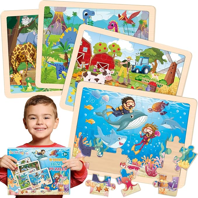 4 Packs Puzzles for Kids Ages 4-6, Wooden Animals Jigsaw Puzzles for Toddlers Ages 2-4, Preschool Educational Puzzles Boards Toys Gifts for 3 4 5 6 Boys Girls-CubbioJoy