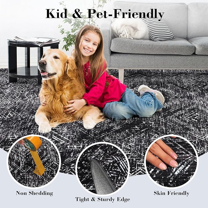 COZYLOOM Black Rug for Living Room 8x10 Washable Area Rugs Modern Abstract Floor Cover Non Slip Stain Resistant Geometric Mats Soft Throw Carpet for Nursery Bedroom Dining Room-CubbioJoy