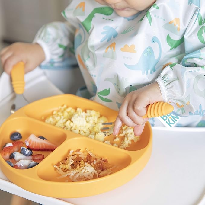Bumkins Toddler Utensils, Kids Size Fork and Spoon Set, Silicone and Stainless-Steel Training Silverware, Angled Forks / Sporks for Self-Feeding, Children Learning to Eat, 18 Mos Up, Tangerine Orange-CubbioJoy