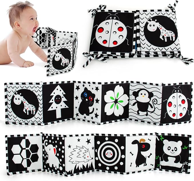 Cawgug Black and White High Contrast Baby Toys for Newborn Brain Development Tummy Time Soft Book Babies 0-3 6-12 Months Montessori Learning Activities Infant and Sensory Visual Stimulation Toys-CubbioJoy