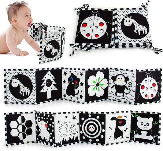 Cawgug Black and White High Contrast Baby Toys for Newborn Brain Development Tummy Time Soft Book Babies 0-3 6-12 Months Montessori Learning Activities Infant and Sensory Visual Stimulation Toys-CubbioJoy