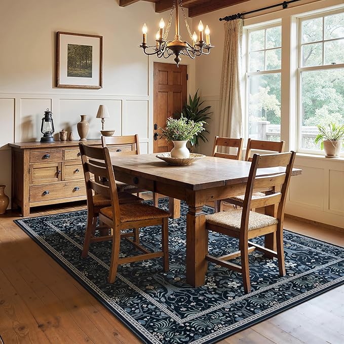 Joydeco Machine Washable Area Rugs 5x7, Boho Floral Rug for Bedroom Non Slip, Soft Forest Botanical Low-Pile Floor Indoor Throw Carpet for Living Dining Room Dorm Office, Blue-Black-CubbioJoy