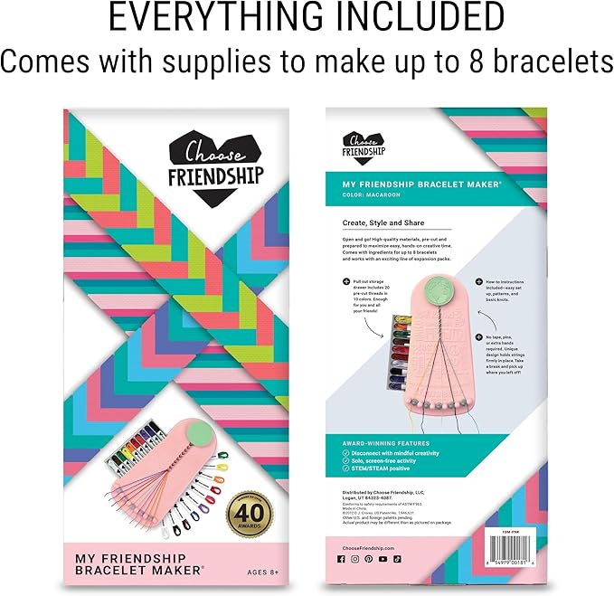 Choose Friendship Bracelet Making Kit – 20 Pre-Cut Threads, Portable Loom with Storage, Makes 8 Bracelets, Craft Gift for Kids Ages 8+, Blush Pink “Macaroon”-CubbioJoy