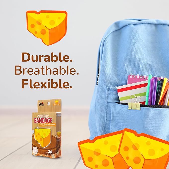 BioSwiss Bandages, Cheese Shaped Self Adhesive Bandage, Latex Free Wound Care, Fun First Aid Kit Supplies for Kids and Adults, 24 Count-CubbioJoy