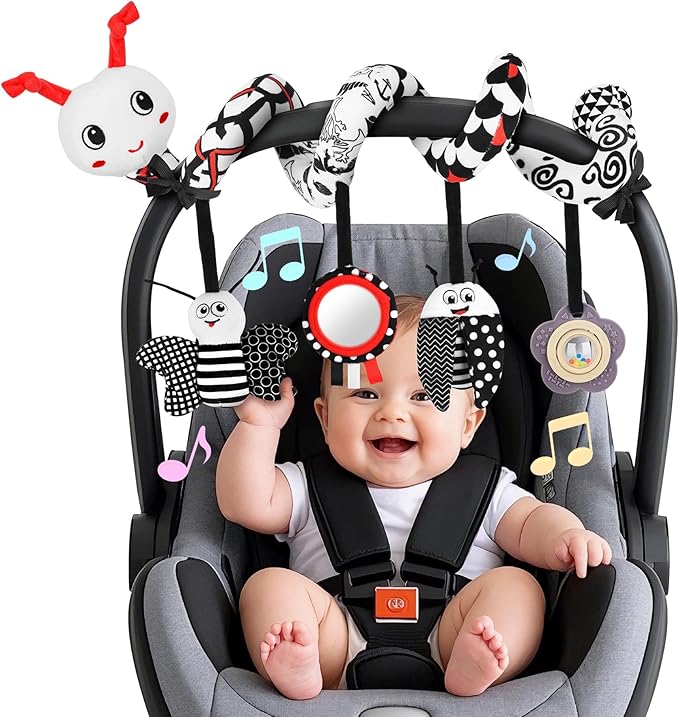 Car Seat Toys for Babies, 0-6 Months Stroller Activity Black White Baby Spiral Plush Toys Newborn High Contrast Sensory Carseat Toys with 4 Pendants Hanging Boys Girls Gift-CubbioJoy