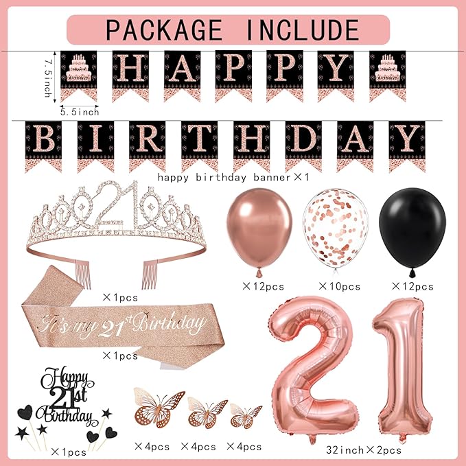 21st Birthday Decorations for Girls Women - 56pcs Rose Gold Happy 21st Banner, 21st Birthday Crown Sash, Cake Topper, Number 21 balloons, 3D Butterflies, 4 Balloon Stands kits-CubbioJoy