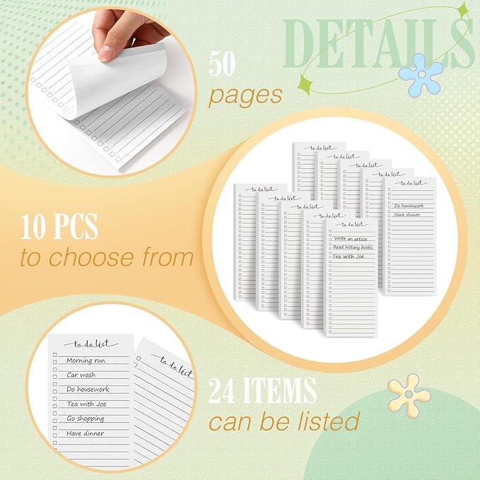 Censen 10 Pack 500 Sheets To Do List Notes Daily Checklist Notepads with 50 Sheets Each Undated Color Memo Pad Block Shopping List Pad Weekly Plan Notepad Organizer Planners(White,Lined)-CubbioJoy