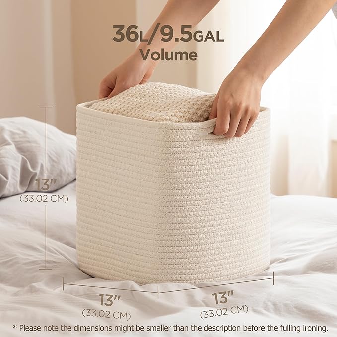 joybest Cube Storage Bins Set of 4, 13inch Cube Baskets Organizer for Nursery, Square Cotton Rope Baskets for Shelves Organizing, Kids Toy, Closet Storage, Beige-CubbioJoy