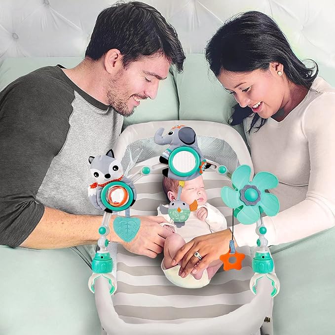 Baby Stroller Arch Mobile, Adjustable Musical Arch Toys Mobile for Crib with Universal Clamps, Versatile Activity Toy Bar for Bouncer Infant Car Seat Toys 0 6 Months Mobile for Bassinet Swing - Gray-CubbioJoy