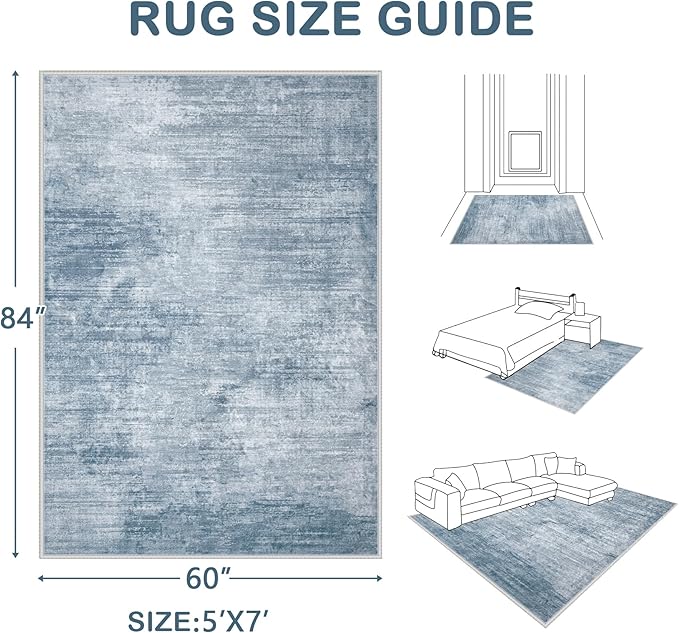 Area Rugs 5x7 Living Room: Washable Rug Modern Abstract Large Rugs Soft Non Slip Neutral Rug Stain Resistant Indoor Carpet for Bedroom Kitchen Dining Room Table Nursery Home Office Rugs(Blue,5'x7')-CubbioJoy
