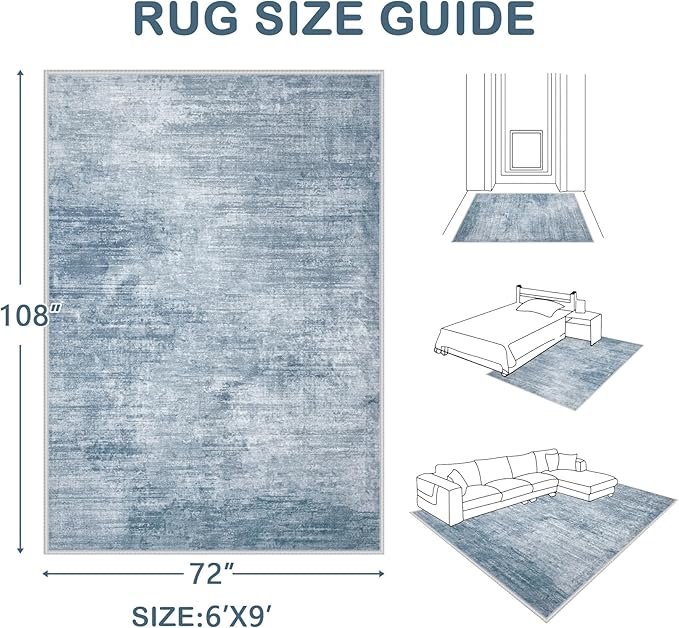 Area Rugs 6x9 Living Room: Washable Rug Modern Abstract Large Rugs Soft Non Slip Neutral Rug Stain Resistant Indoor Carpet for Bedroom Kitchen Dining Room Table Nursery Home Office Rugs(Blue,6'x9')-CubbioJoy