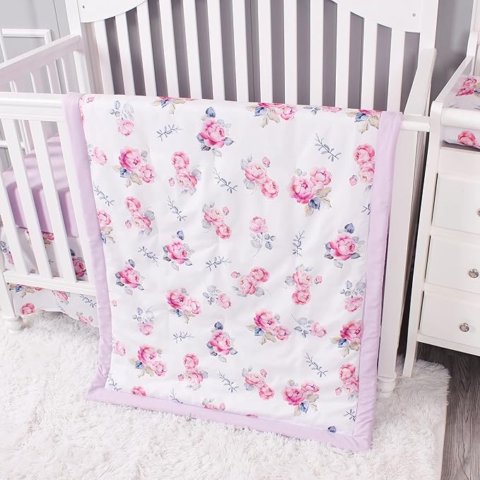 Belsden Floral 3 Piece Crib Bedding Set for Baby Boys Girls, Classic Nursery Bedding Essential Including Comforter, Crib Sheet and Crib Skirt, Ultra Soft Cozy, Floral Purple-CubbioJoy