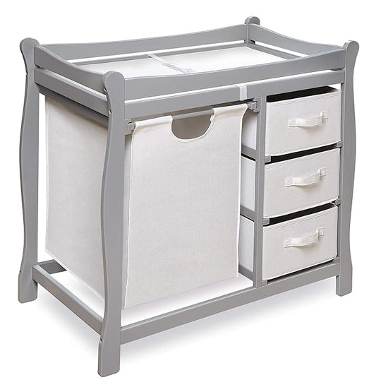 Badger Basket Sleigh-Style Baby Changing Table - Diaper Changing Station with 3 Storage Baskets - Nursery Organizer with Hamper, Changing Pad, Safety Rails - Gray-CubbioJoy