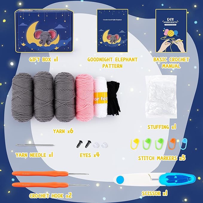 Crochet Kit for Beginners - Elephant Crochet Kits with Step-by-Step Video Tutorials, Beginner Crochet Kit for Adults, Crochet Animal Kit for Kids, Goodnight Elephant Crocheting Set (Grey)-CubbioJoy