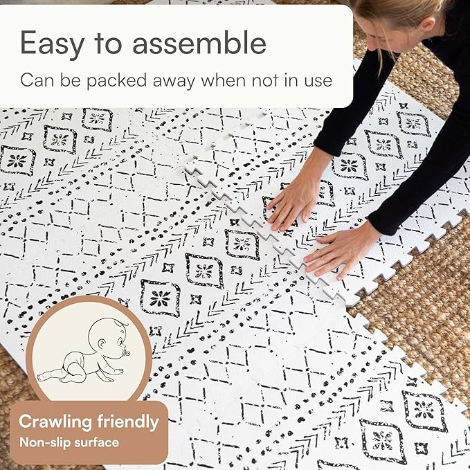Baby Play Mat for Floor – 4x6ft Boho | Soft Non Toxic Premium EVA Foam Tiles for Tummy Time, Crawling & Playroom – Waterproof Interlocking Floor Mat for Babies & Toddlers by Lillefolk (6 Tiles)-CubbioJoy