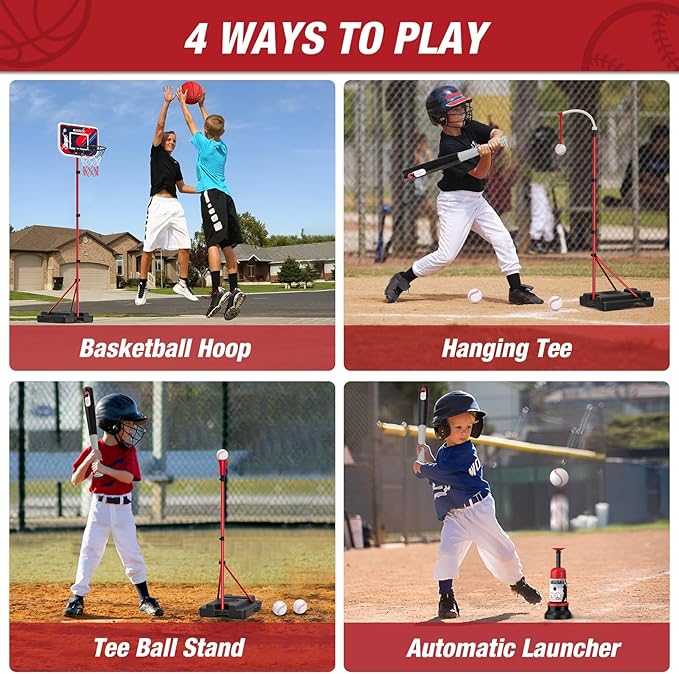 4 in 1 Kids Basketball Hoop and Tball Set for Toddlers 3-5, Adjustable Hanging Tee Ball Stand with Automatic Baseball Pitching Machine, Indoor Outdoor Sport Toys Birthday Gifts for Boys Girls-CubbioJoy