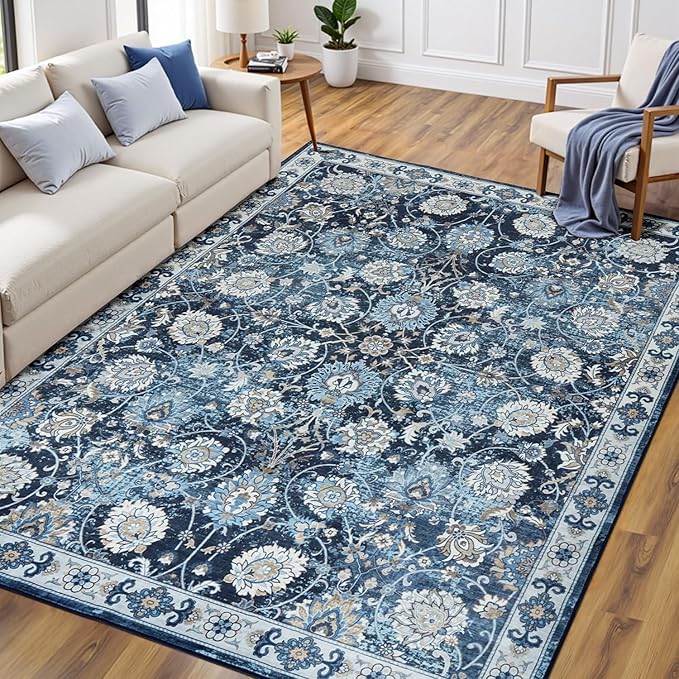 6x9 Area Rug for Living Room & Bedroom, Washable Non-Slip Vintage Rugs, Floral Soft Carpet, Low Pile Wool Carpets for Indoor Dining Home Office Playroom Under Table, Modern Decor, Blue Garden-CubbioJoy