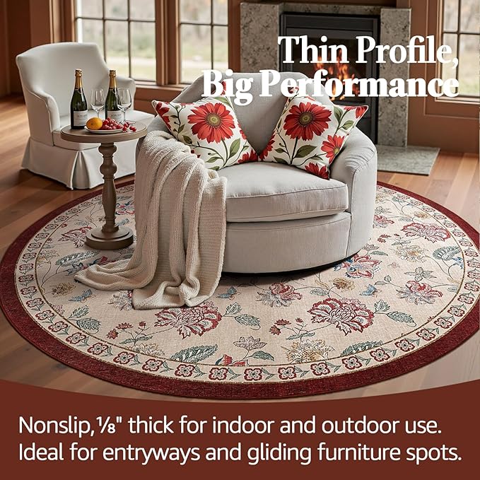 jinchan 6ft Floral Round Rug for Dining Room Washable Living Room Rug Vintage Romance Design Non Slip Indoor Floor Cover Lightweight Low-Profile Throw Carpet for Bedroom Porch Patio, Red/Beige-CubbioJoy