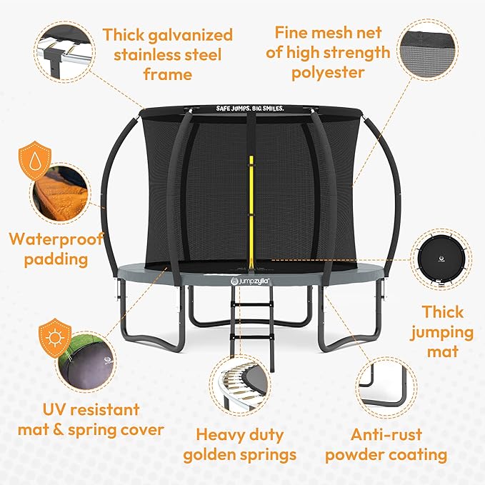 JUMPZYLLA Trampoline Outdoor 8FT 10FT 12FT 14FT 15FT 16FT with Enclosure and Ladder, ASTM Approved Recreational Trampoline for Kids and Adults, Anti-Rust Coated Frame-CubbioJoy