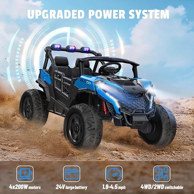 24V 2 Seater Ride on Car Truck, 4x200W, EVA Tires, 4WD/2WD, Remote Control, Rainbow Lights, Shock Absorbers, Bluetooth, Ride On UTV Toy for Kids Ages 3-8, Blue-CubbioJoy