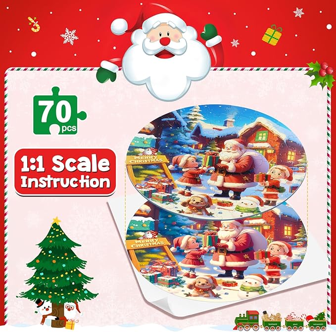 Christmas Puzzles for Kids Ages 4-6, Kids Puzzles with Santa Claus & Snowman,70 Piece Round Large Floor Puzzles for Kids Ages 3 4 5 6 7 8, Educational Toy Gift Jigsaw Puzzles for 5 Year Old Boys Girls-CubbioJoy
