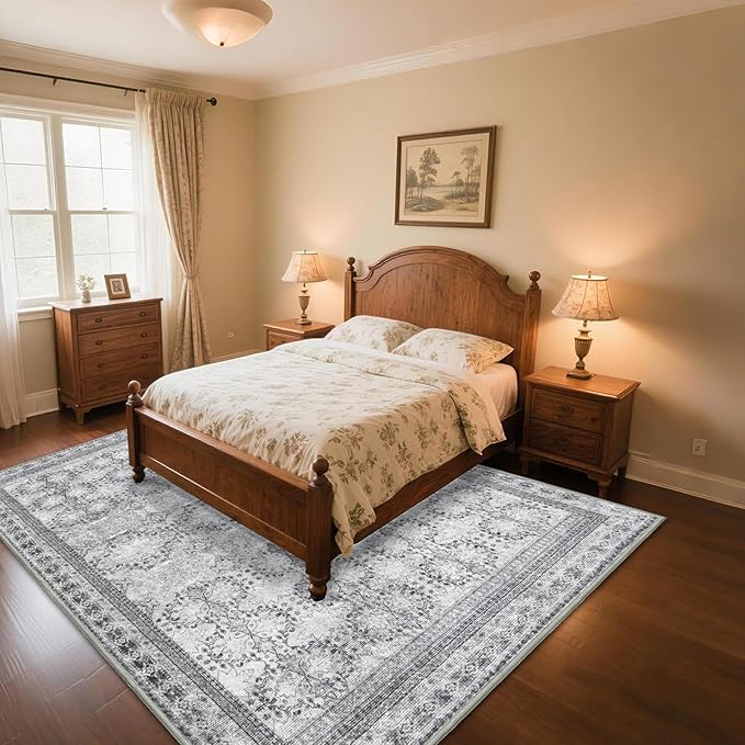 5x7 Washable Area Rug for Living Room Faded Grey, Non Slip Vintage Floral Bedroom Rugs Retro, Traditional Indoor Floor Carpet for Dining Room, Kitchen, Farmhouse, Office Classroom-CubbioJoy