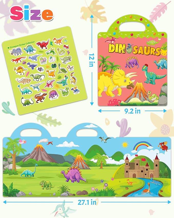 Benresive Reusable Sticker Book for Toddlers 2-4 Years, Fun Travel Stickers for Kids, Waterproof Sticker Books for Toddlers 1-3, Crafts Activities for Todddlers 1-3 2-4 3-5 - Dinosaurs-CubbioJoy