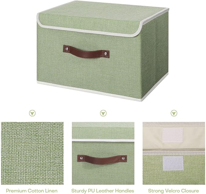 ANMINY 2PCS Storage Bins with Lid PU Leather Handles Storage Boxes PP Plastic Board Decorative Foldable Lidded Cotton Linen Fabric Home Cubes Baskets Closet Organizer Containers - Green, Large Size-CubbioJoy