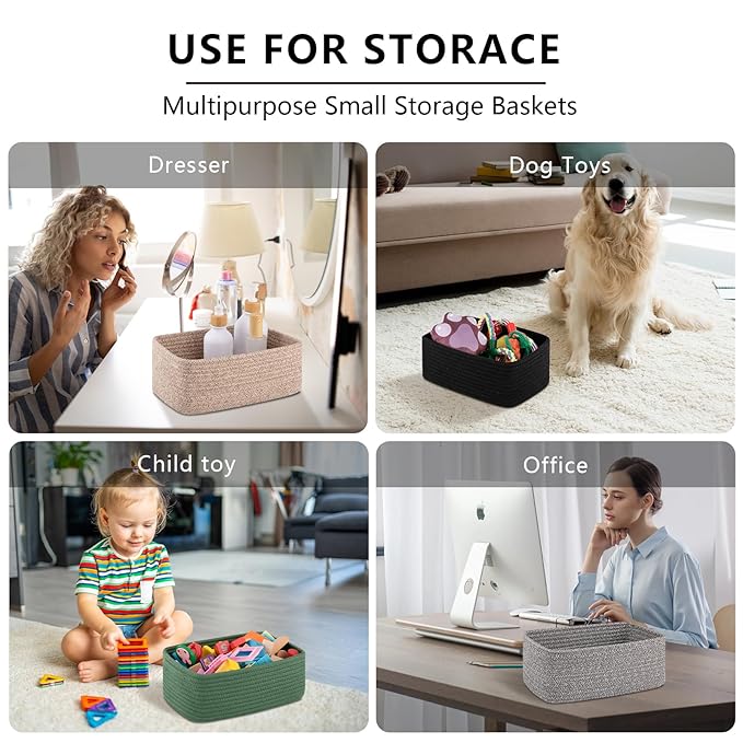 4 Pack Small Storage Shelf Baskets for Organizing, Mini Woven Rope Storage Bins for Towels, Cute Decorative Closet Organizer，Baby Nursery, Gift Empty Baskets -13''Lx8.66''Wx5.11''H-Black-CubbioJoy