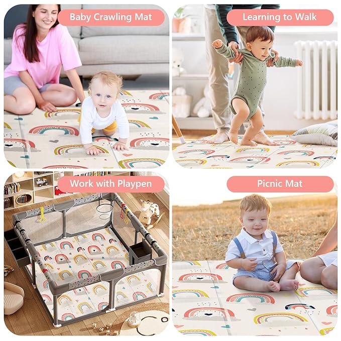 79 x 71 Baby Play Mats for Floor, Foldable Foam Play Mat for Babies 0-12 months,Thick & Waterproof Playmate for Baby, Non Toxic Baby Tummy Time Activity Playmat, Reversible Playpen Mat for Infant Toddlers-CubbioJoy