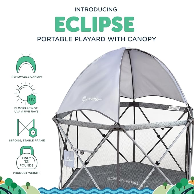 Baby Delight Go with Me Eclipse Deluxe Portable Playard | Playpen | Sun Canopy | Indoor and Outdoor | Ultra Padded Nylon Floor | Elephant Grey-CubbioJoy