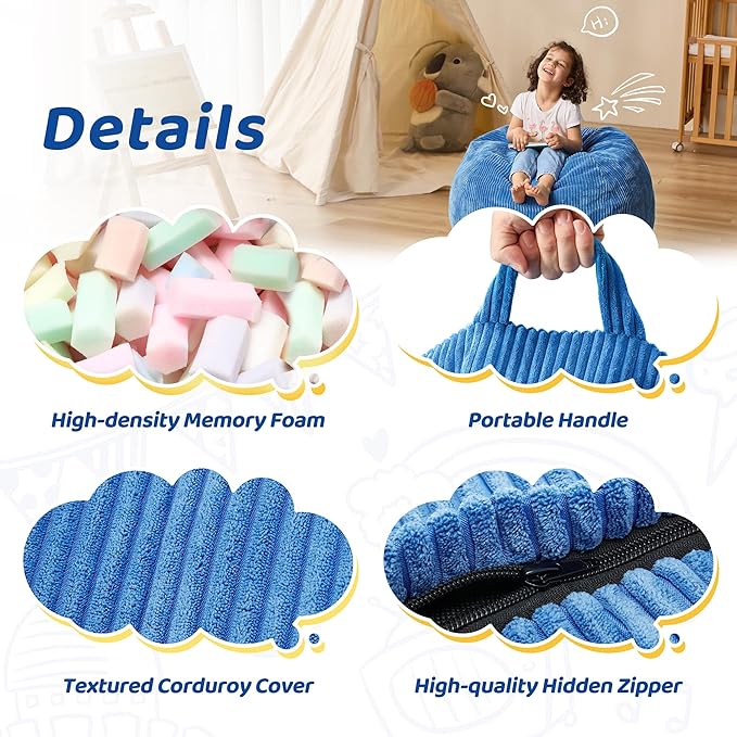 Bean Bag Chairs Teardrop Bean Bag Chair Beanbag Chair with Memory Foam Filled Machine Washable Cover for Living Room, Bedroom (Small,Blue)-CubbioJoy