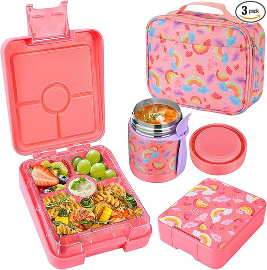 Bento Lunch Box Set With 10oz Soup Thermo, Leak-proof Lunch Containers with 4 Compartment, Kids Hot Thermo Food Jar/Insulation Lunch Bag, Food Containers for School（Rainbow）-CubbioJoy