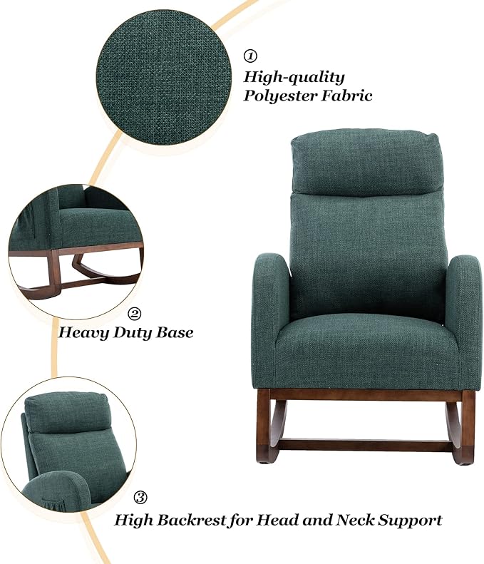 Dolonm Nursery Rocking Chair for Living Room, Upholstered Mid-Century Modern Nursery Rocking Armchair Tall Back Accent Glider Rocker, Emerald-CubbioJoy