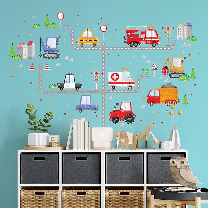 Car Wall Decals by Lipastick - Peel and Stick Transport Road Trucks Stickers for Boys Room, Toddler Bedroom, Baby Nursery, Kids Playroom, Living Room- Removable Decor - M Size-CubbioJoy