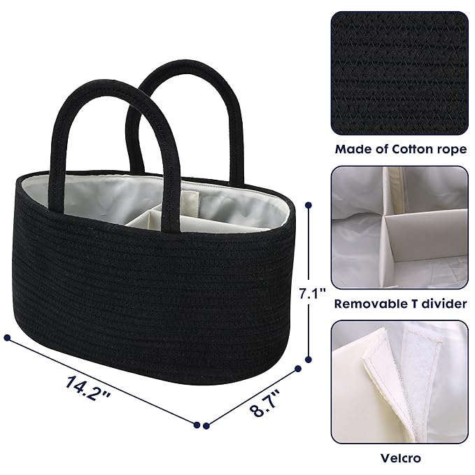 Baby Diaper Caddy Organizer for Girl Boy Cotton Rope Nursery Storage Bin Basket Portable Holder Tote Bag for Changing Table Car Travel Baby Shower Gifts Newborn Essentials Registry Must Haves Black-CubbioJoy