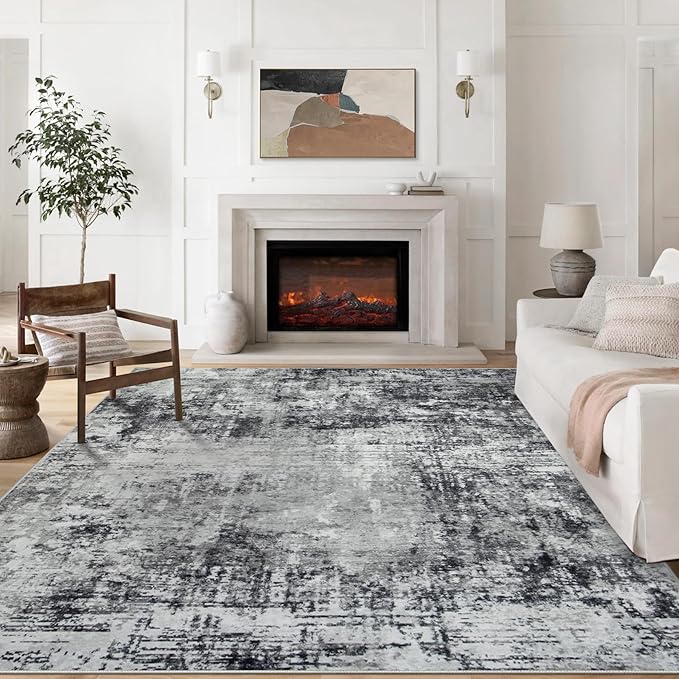 9x12 Area Rugs for Living Room Rug Washable: Modern Large Rug for Dining Room Bedroom Carpet Non Slip 9 by 12 Indoor Abstract Nursery Home Office Black Grey-CubbioJoy