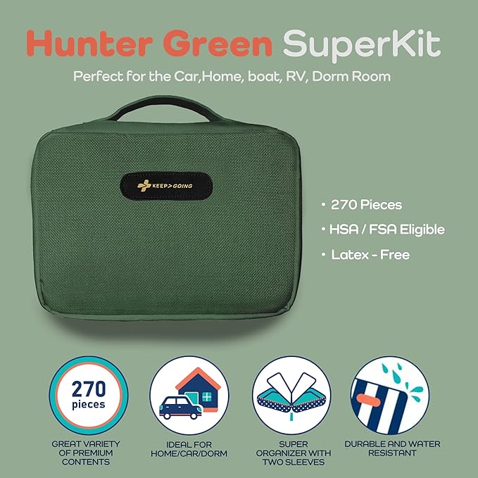 KeepGoing Large Home First Aid Kit for Kids – 270 Pc. for Car, Home, Dorm, & Boat with Latex-Free Bandages – 10 x 7 x 3.5 in. Travel First Aid Kit (Hunter Green)-CubbioJoy