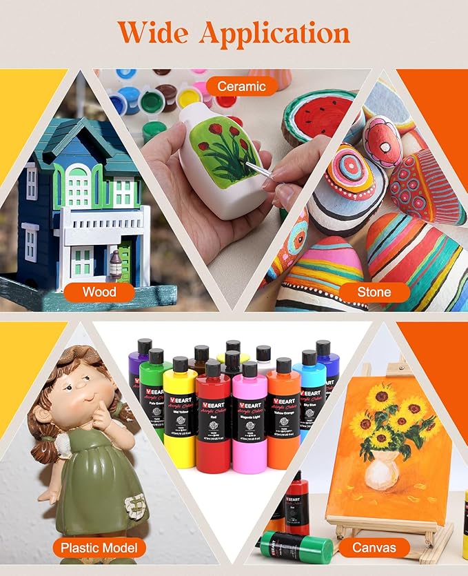 Acrylic Paint Set, 12 Colors Acrylic Paint Large Bottle Set, 16OZ Each, Rich Pigmented Canvas Paint, Premium Non-toxic Paints for Artists, Acrylic Paint Set for Kids & Adults, Art Supplies for Canvas-CubbioJoy