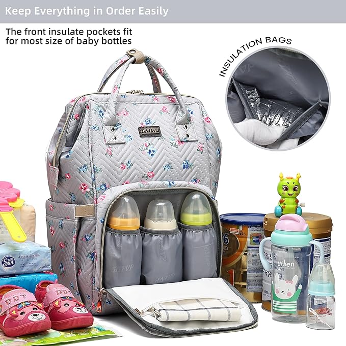 Diaper Bag Backpack for Women, Baby Bags for Girls,Diaper Bag with Changing Pad, and Insulated Pockets-Grey Flowers-CubbioJoy