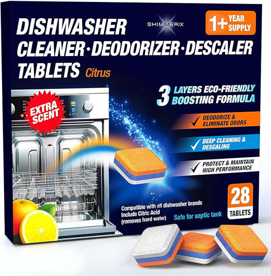 Dishwasher Cleaner Deodorizer Descaler Tablets - 28 Tabs - 1 Plus Year Supply - Extra Scented Deep Cleaning Sanitizer Pods - Remove Hard Water - Contain Citric Acid Heavy Duty Septic Safe - Citrus-CubbioJoy