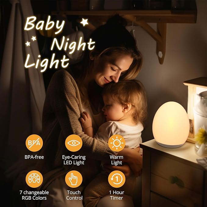 JolyWell Night Light for Kids, Baby Egg Light with 7 Colors Changing Mode & Stepless Dimming, Nursery Night Lamp BPA Free,Rechargeable Egg Night Light for Breastfeeding 1h Timer & Touch Control, Wood-CubbioJoy
