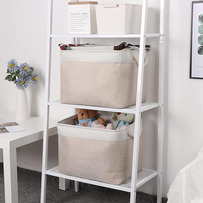 Bidtakay Beige Storage Basket Large Fabric Cloth Baskets [2-Pack] Tall Rectangular Shelf Baskets 16X11.8X11.8 in Canvas Collapsible Storage Bins with Handles for Organizing Living Room(White&Beige)-CubbioJoy