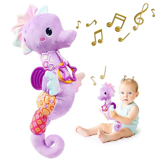 Sumobaby Infant Baby Musical Stuffed Animal Activity Soft Toys with Multi-Sensory Crinkle, Rattle and Textures, for Tummy Time Newborn 0-3-6-12 Months Boys, Girls, Seahorses, Purple-CubbioJoy