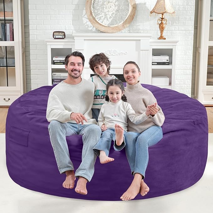 6FT Bean Bag Chair, Large Bean Bag Chairs with Memory Foam Filled, Fluffy Beanbag Sofa with Dutch Velvet Cover, Round BeanBag Chairs for Living Room, Playroom - Purple-CubbioJoy