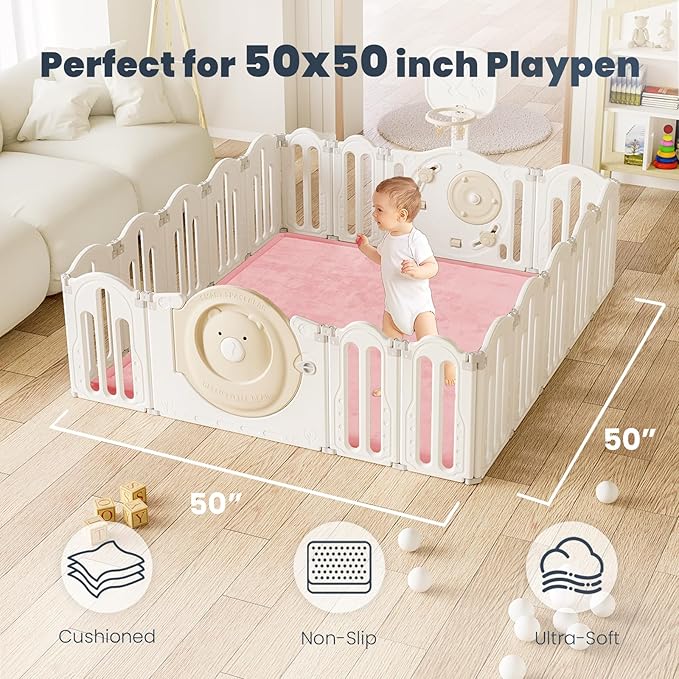 ACOMOPACK Baby Play Mat for Floor 1.3" Thick Memory Foam 50x50 Soft Velvet Playpen Mat for Kids,Infants,Toddlers,Tummy Time Crawling Mats with Non-Slip Bottom,Yoga,Tatami,Nursery Rug（Pink）-CubbioJoy