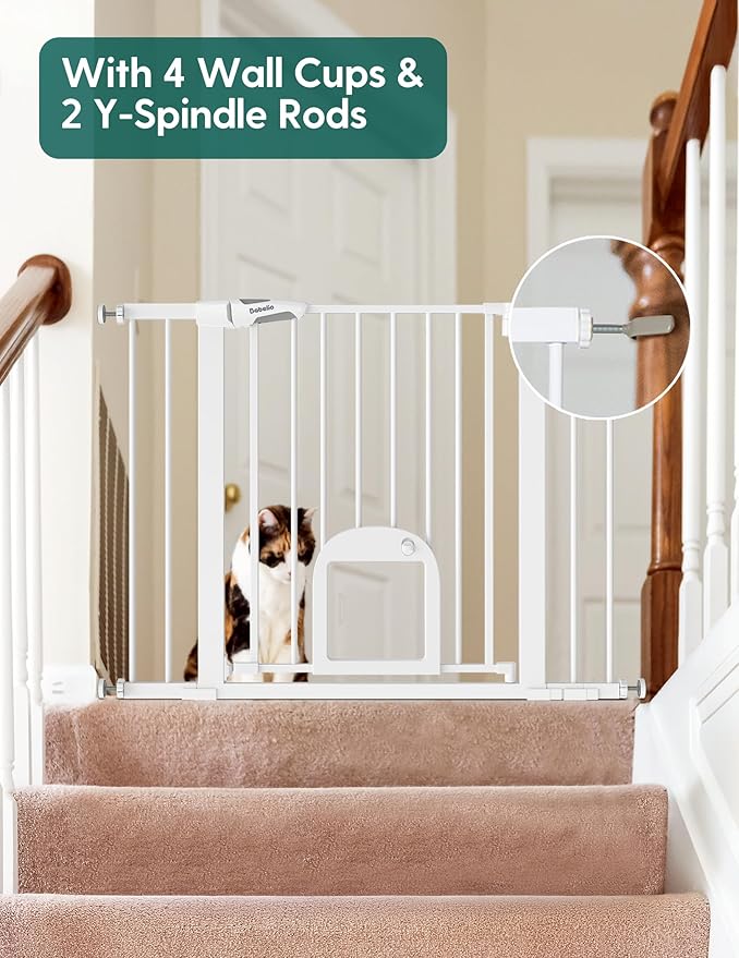 Babelio 36" Tall Upgraded Baby Gate with Cat Door, 29-43" Auto Close Durable Dog Gate for Stairs, Doorways and House, Easy Walk Thru Safety Gate with Pet Door Includes 4 Wall Cups, White-CubbioJoy
